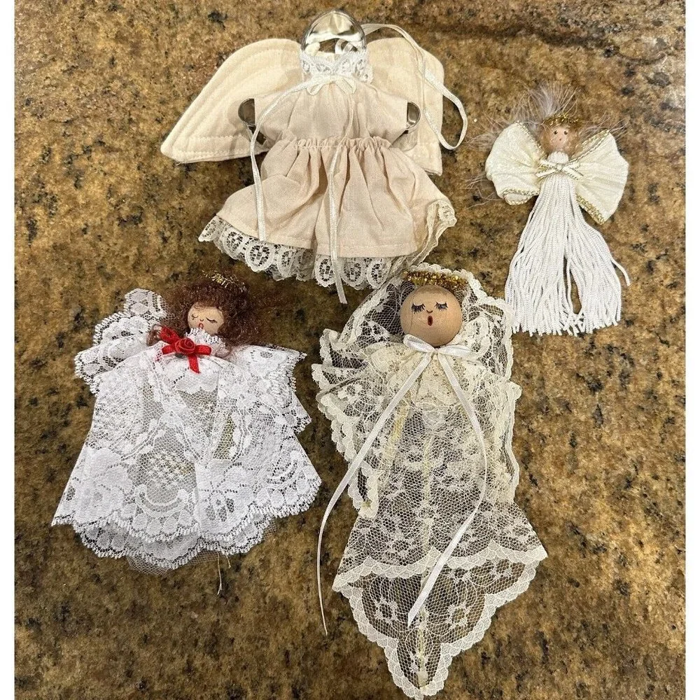 Vintage Angel‎ Christmas Ornaments Lace Crochet Wooden Gold Set Of 4